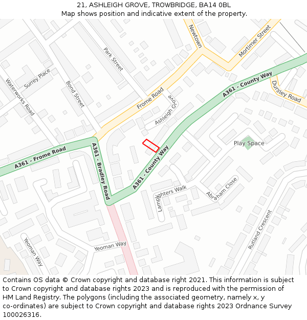 21, ASHLEIGH GROVE, TROWBRIDGE, BA14 0BL: Location map and indicative extent of plot