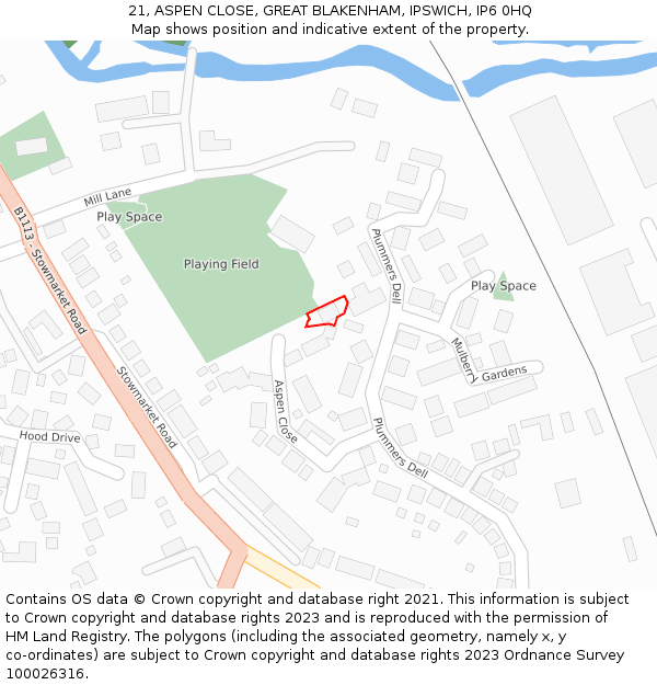 21, ASPEN CLOSE, GREAT BLAKENHAM, IPSWICH, IP6 0HQ: Location map and indicative extent of plot