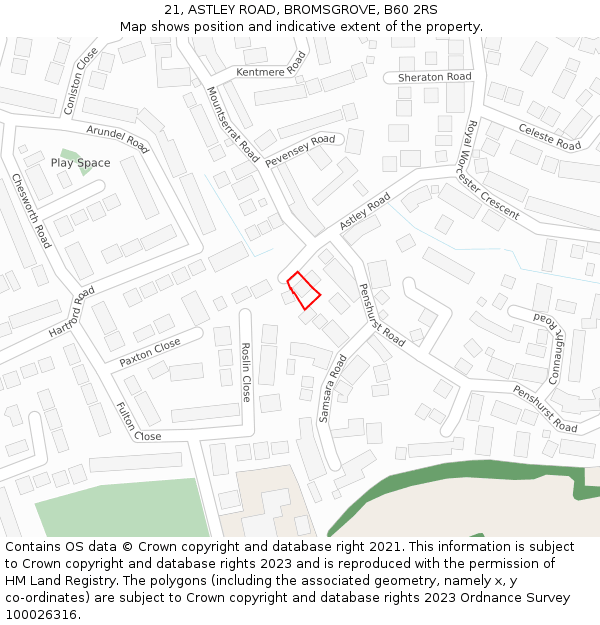 21, ASTLEY ROAD, BROMSGROVE, B60 2RS: Location map and indicative extent of plot