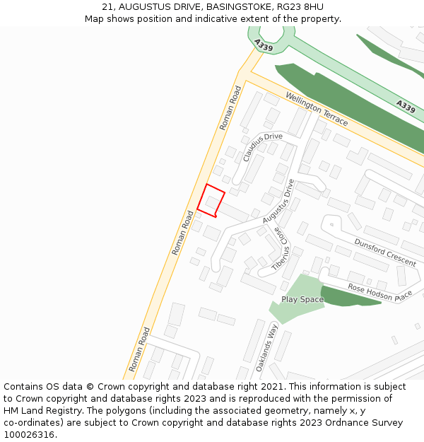 21, AUGUSTUS DRIVE, BASINGSTOKE, RG23 8HU: Location map and indicative extent of plot