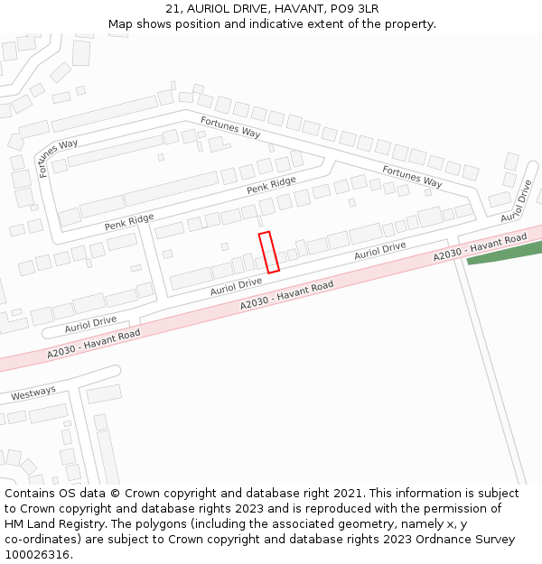 21, AURIOL DRIVE, HAVANT, PO9 3LR: Location map and indicative extent of plot