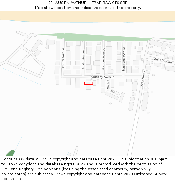 21, AUSTIN AVENUE, HERNE BAY, CT6 8BE: Location map and indicative extent of plot