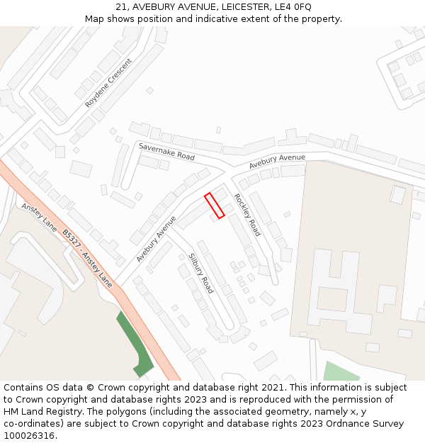 21, AVEBURY AVENUE, LEICESTER, LE4 0FQ: Location map and indicative extent of plot