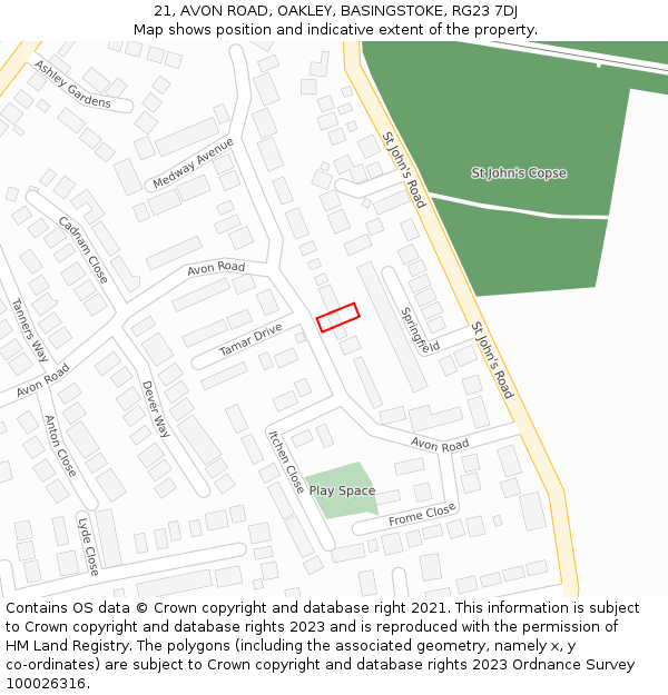 21, AVON ROAD, OAKLEY, BASINGSTOKE, RG23 7DJ: Location map and indicative extent of plot