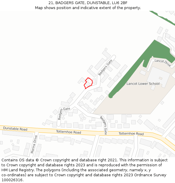 21, BADGERS GATE, DUNSTABLE, LU6 2BF: Location map and indicative extent of plot