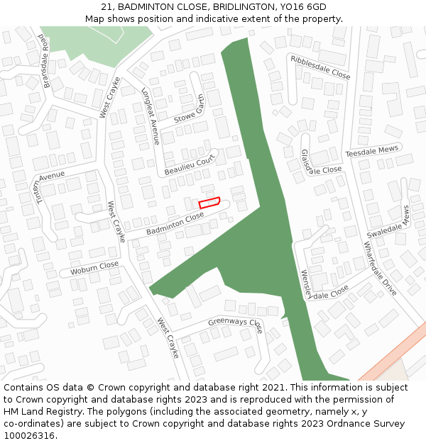 21, BADMINTON CLOSE, BRIDLINGTON, YO16 6GD: Location map and indicative extent of plot