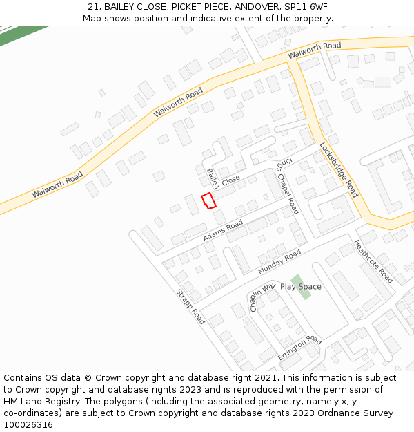 21, BAILEY CLOSE, PICKET PIECE, ANDOVER, SP11 6WF: Location map and indicative extent of plot