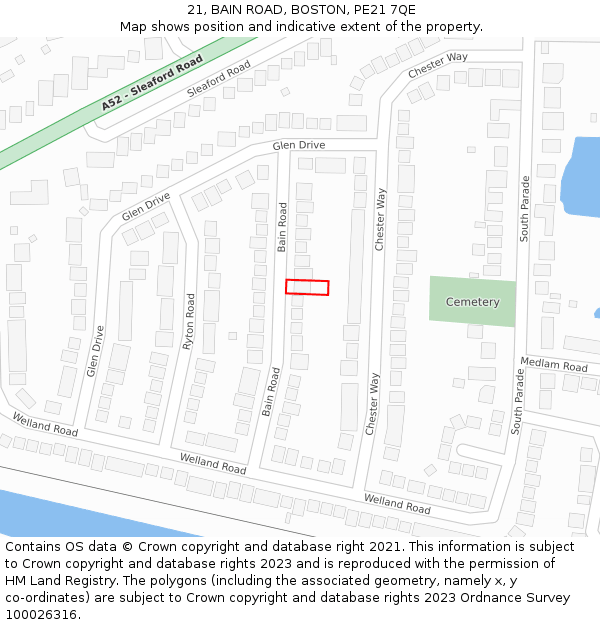 21, BAIN ROAD, BOSTON, PE21 7QE: Location map and indicative extent of plot