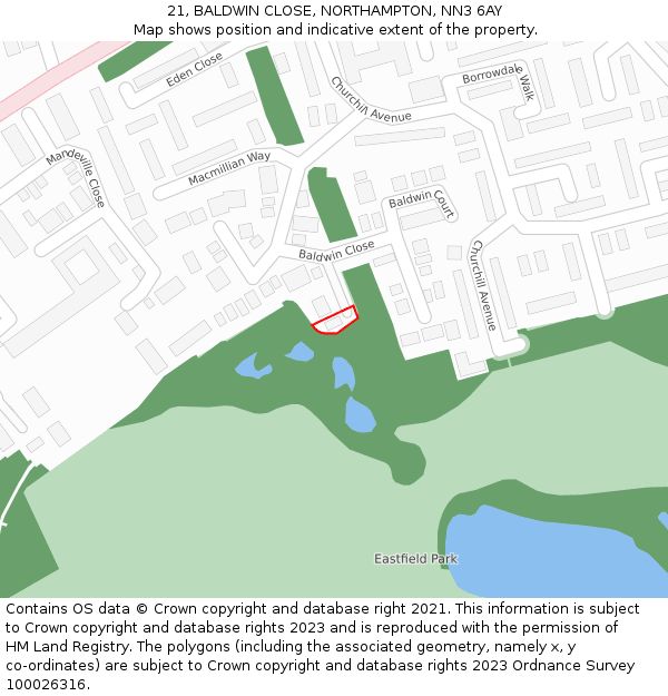 21, BALDWIN CLOSE, NORTHAMPTON, NN3 6AY: Location map and indicative extent of plot