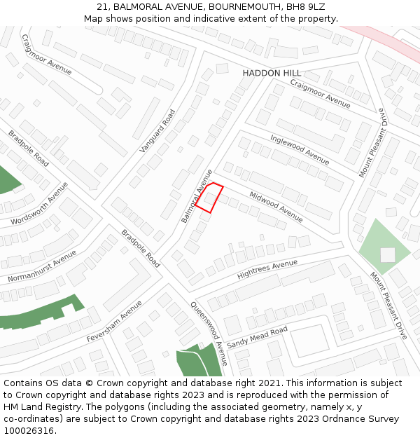 21, BALMORAL AVENUE, BOURNEMOUTH, BH8 9LZ: Location map and indicative extent of plot