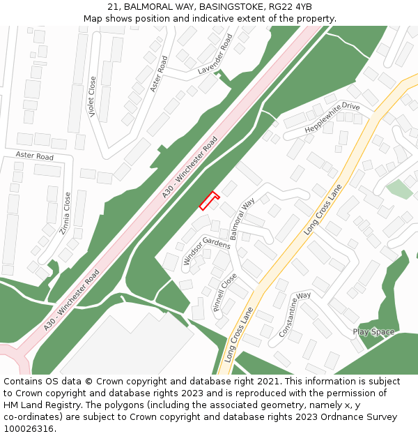 21, BALMORAL WAY, BASINGSTOKE, RG22 4YB: Location map and indicative extent of plot