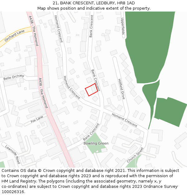 21, BANK CRESCENT, LEDBURY, HR8 1AD: Location map and indicative extent of plot