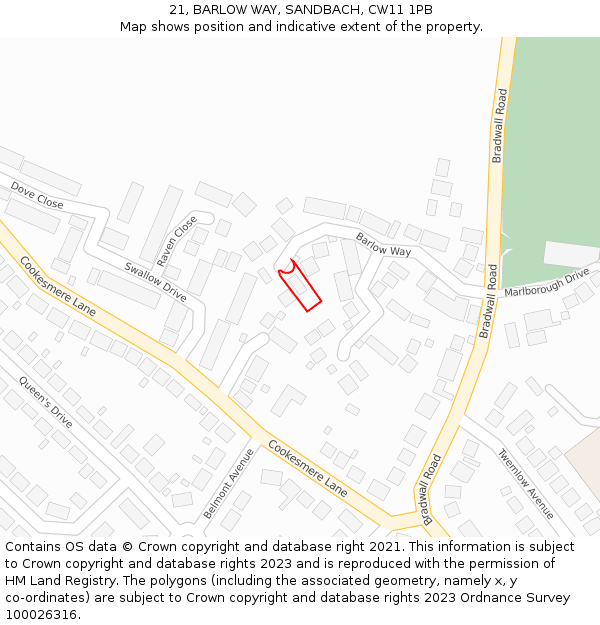 21, BARLOW WAY, SANDBACH, CW11 1PB: Location map and indicative extent of plot