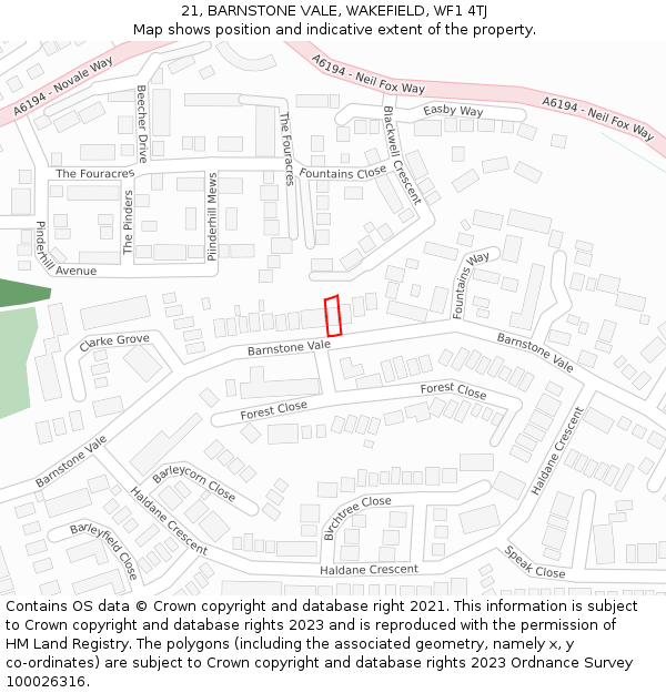 21, BARNSTONE VALE, WAKEFIELD, WF1 4TJ: Location map and indicative extent of plot