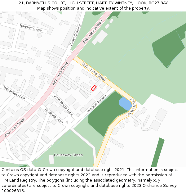 21, BARNWELLS COURT, HIGH STREET, HARTLEY WINTNEY, HOOK, RG27 8AY: Location map and indicative extent of plot