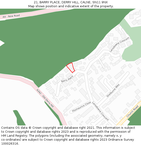 21, BARRY PLACE, DERRY HILL, CALNE, SN11 9NX: Location map and indicative extent of plot