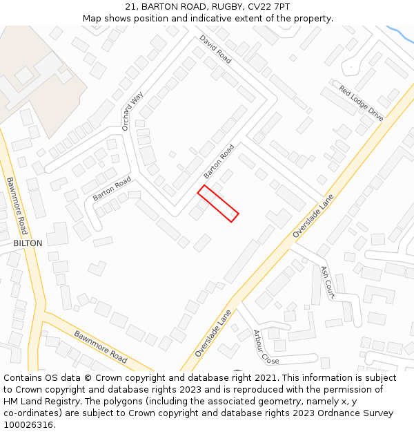 21, BARTON ROAD, RUGBY, CV22 7PT: Location map and indicative extent of plot