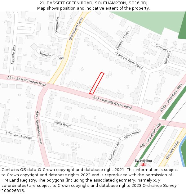 21, BASSETT GREEN ROAD, SOUTHAMPTON, SO16 3DJ: Location map and indicative extent of plot