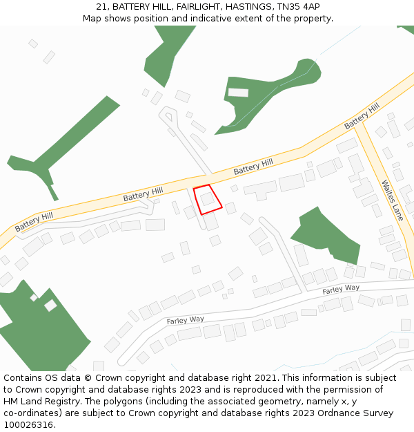 21, BATTERY HILL, FAIRLIGHT, HASTINGS, TN35 4AP: Location map and indicative extent of plot