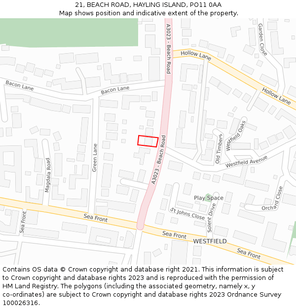 21, BEACH ROAD, HAYLING ISLAND, PO11 0AA: Location map and indicative extent of plot