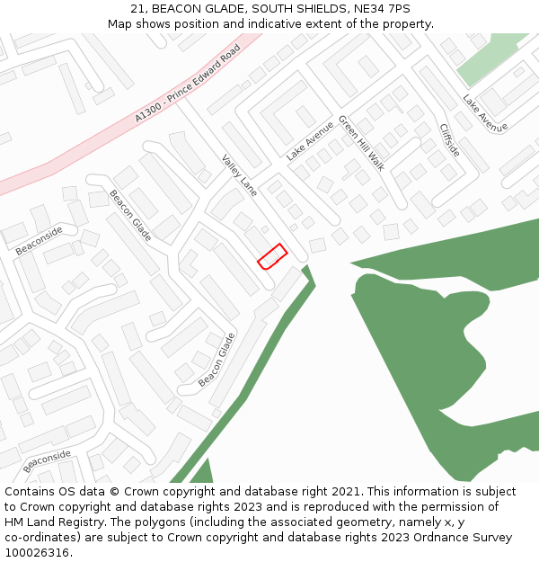 21, BEACON GLADE, SOUTH SHIELDS, NE34 7PS: Location map and indicative extent of plot