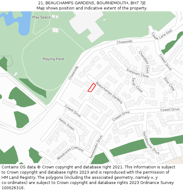 21, BEAUCHAMPS GARDENS, BOURNEMOUTH, BH7 7JE: Location map and indicative extent of plot