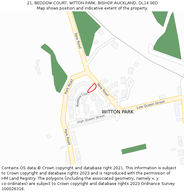 21, BEDDOW COURT, WITTON PARK, BISHOP AUCKLAND, DL14 0ED: Location map and indicative extent of plot