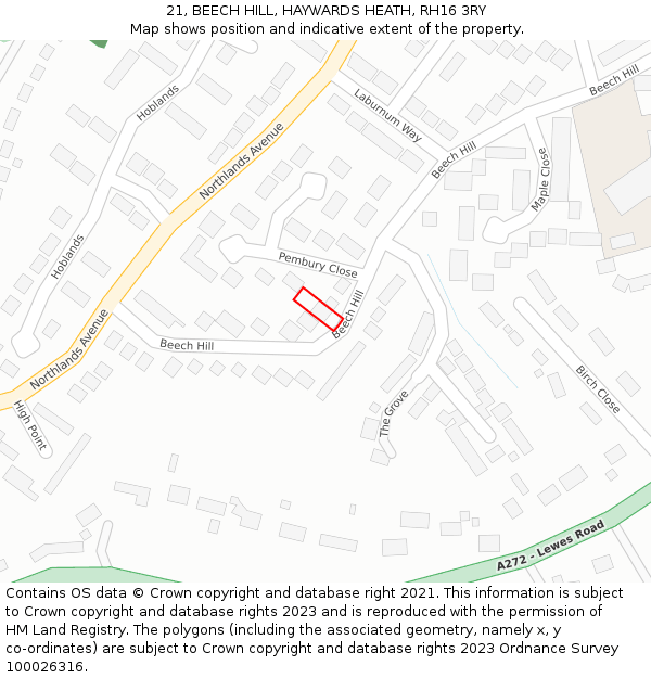 21, BEECH HILL, HAYWARDS HEATH, RH16 3RY: Location map and indicative extent of plot