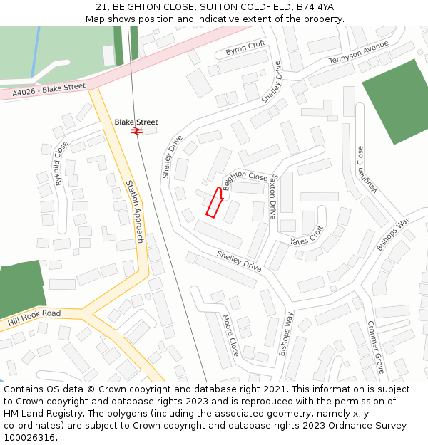 21, BEIGHTON CLOSE, SUTTON COLDFIELD, B74 4YA: Location map and indicative extent of plot