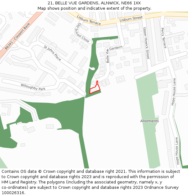 21, BELLE VUE GARDENS, ALNWICK, NE66 1XX: Location map and indicative extent of plot