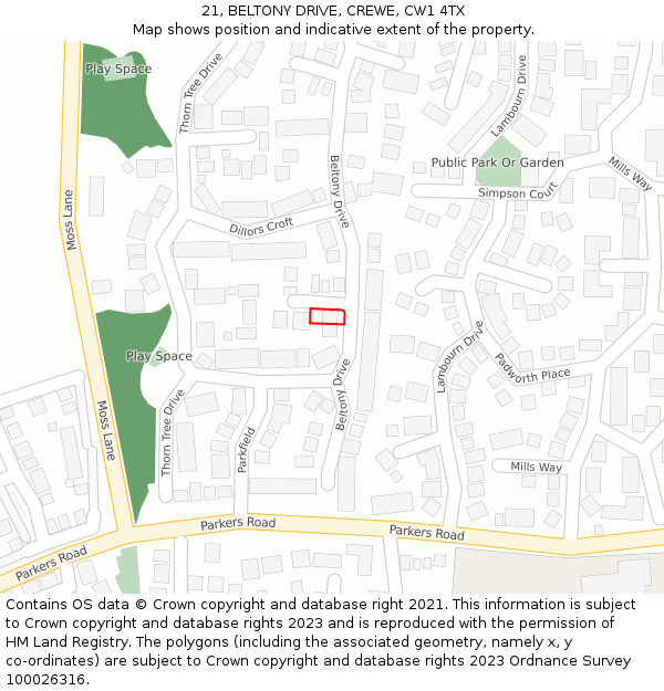 21, BELTONY DRIVE, CREWE, CW1 4TX: Location map and indicative extent of plot