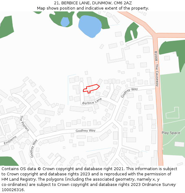 21, BERBICE LANE, DUNMOW, CM6 2AZ: Location map and indicative extent of plot