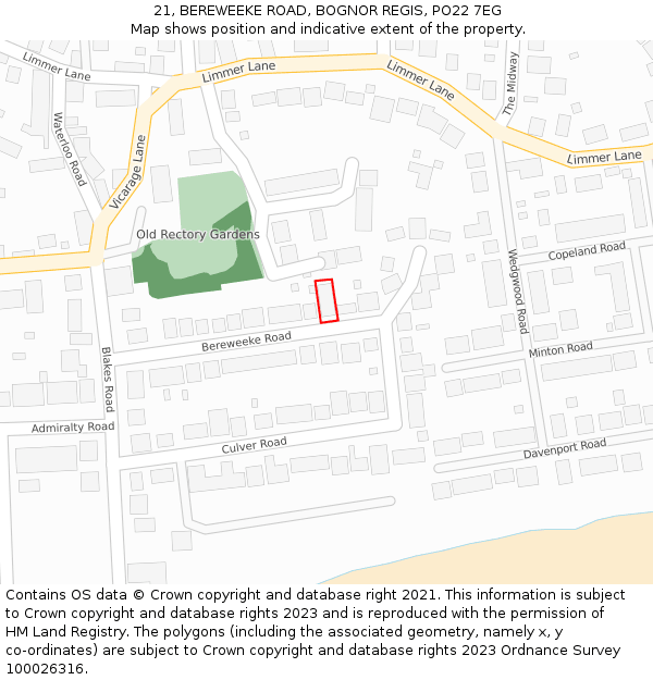 21, BEREWEEKE ROAD, BOGNOR REGIS, PO22 7EG: Location map and indicative extent of plot