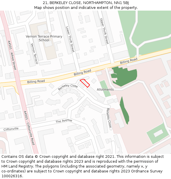 21, BERKELEY CLOSE, NORTHAMPTON, NN1 5BJ: Location map and indicative extent of plot