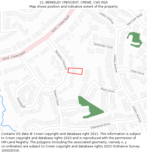 21, BERKELEY CRESCENT, CREWE, CW2 6QA: Location map and indicative extent of plot