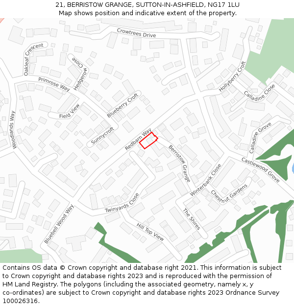 21, BERRISTOW GRANGE, SUTTON-IN-ASHFIELD, NG17 1LU: Location map and indicative extent of plot