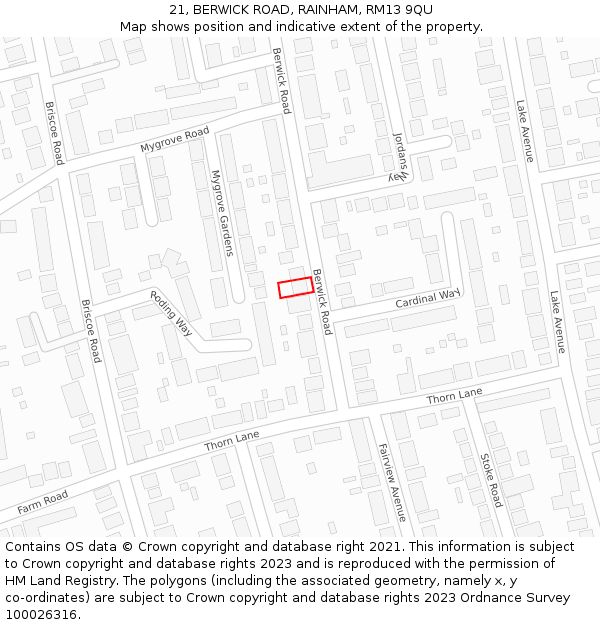21, BERWICK ROAD, RAINHAM, RM13 9QU: Location map and indicative extent of plot
