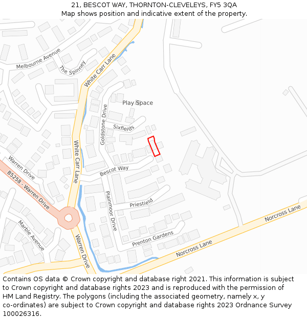 21, BESCOT WAY, THORNTON-CLEVELEYS, FY5 3QA: Location map and indicative extent of plot