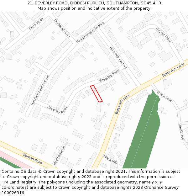21, BEVERLEY ROAD, DIBDEN PURLIEU, SOUTHAMPTON, SO45 4HR: Location map and indicative extent of plot