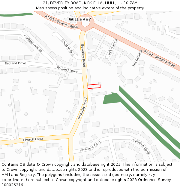 21, BEVERLEY ROAD, KIRK ELLA, HULL, HU10 7AA: Location map and indicative extent of plot