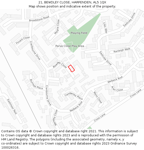 21, BEWDLEY CLOSE, HARPENDEN, AL5 1QX: Location map and indicative extent of plot