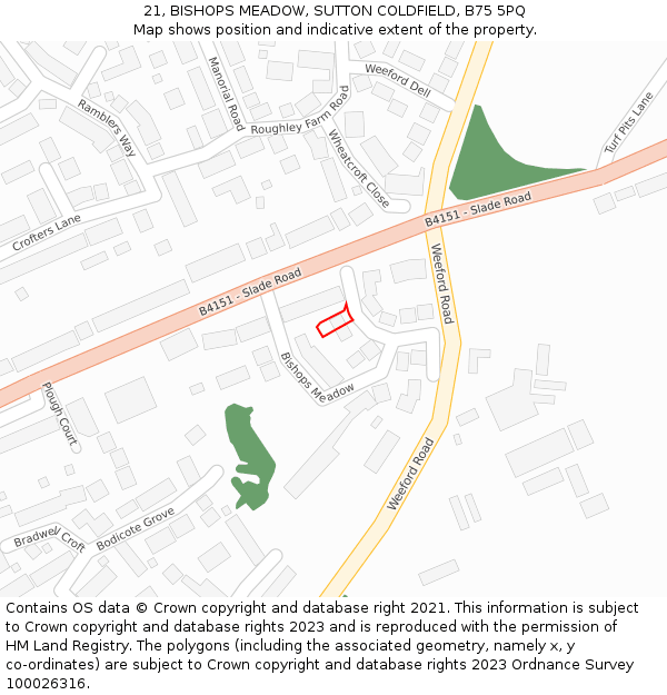 21, BISHOPS MEADOW, SUTTON COLDFIELD, B75 5PQ: Location map and indicative extent of plot