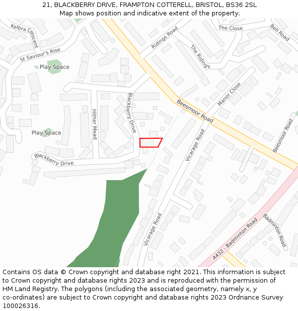 21, BLACKBERRY DRIVE, FRAMPTON COTTERELL, BRISTOL, BS36 2SL: Location map and indicative extent of plot