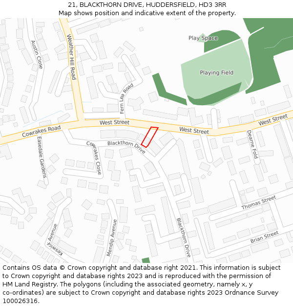 21, BLACKTHORN DRIVE, HUDDERSFIELD, HD3 3RR: Location map and indicative extent of plot