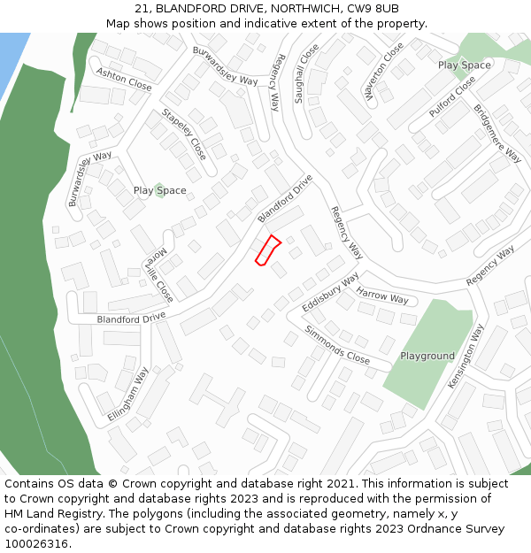 21, BLANDFORD DRIVE, NORTHWICH, CW9 8UB: Location map and indicative extent of plot