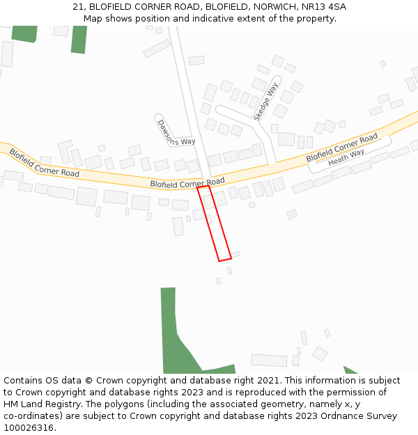 21, BLOFIELD CORNER ROAD, BLOFIELD, NORWICH, NR13 4SA: Location map and indicative extent of plot