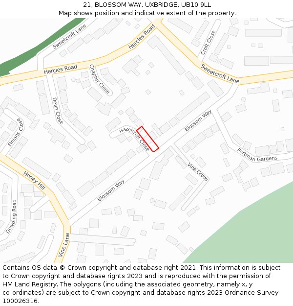21, BLOSSOM WAY, UXBRIDGE, UB10 9LL: Location map and indicative extent of plot