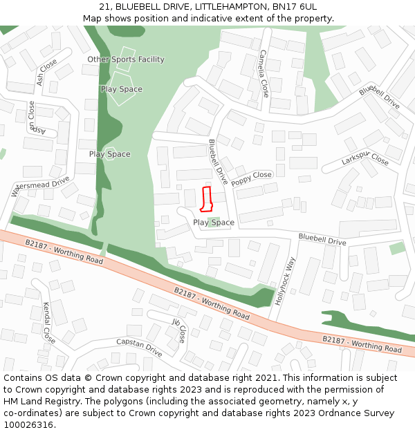21, BLUEBELL DRIVE, LITTLEHAMPTON, BN17 6UL: Location map and indicative extent of plot