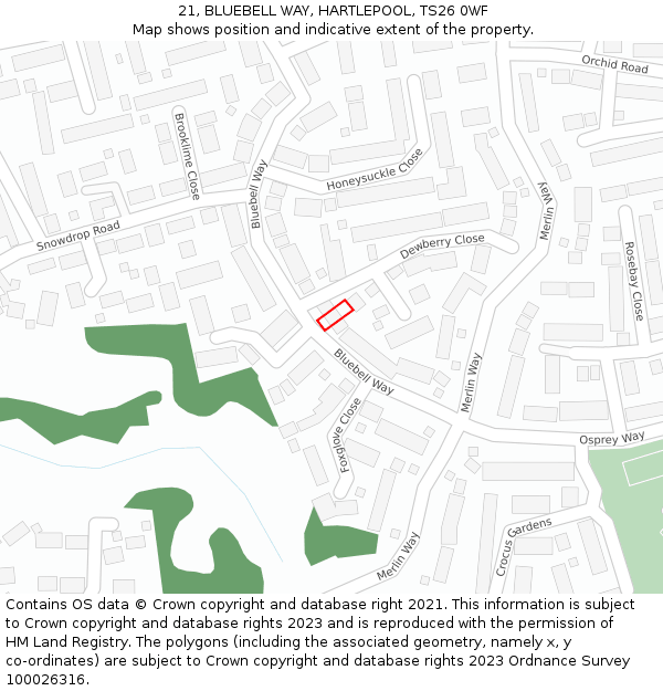 21, BLUEBELL WAY, HARTLEPOOL, TS26 0WF: Location map and indicative extent of plot