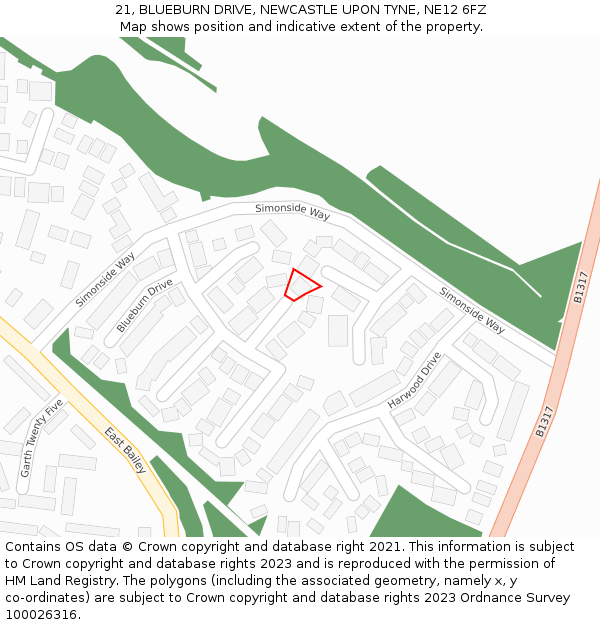 21, BLUEBURN DRIVE, NEWCASTLE UPON TYNE, NE12 6FZ: Location map and indicative extent of plot